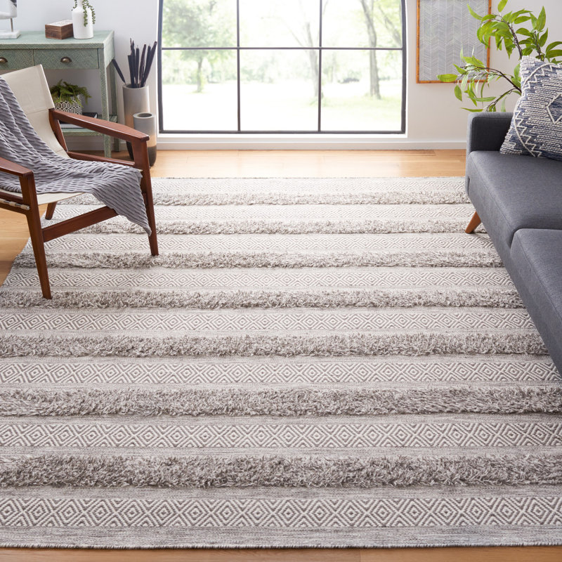 Vermont Hand Woven Wool/Cotton Geometric Rug in Brown/Ivory, Rectangle 8' x 10'