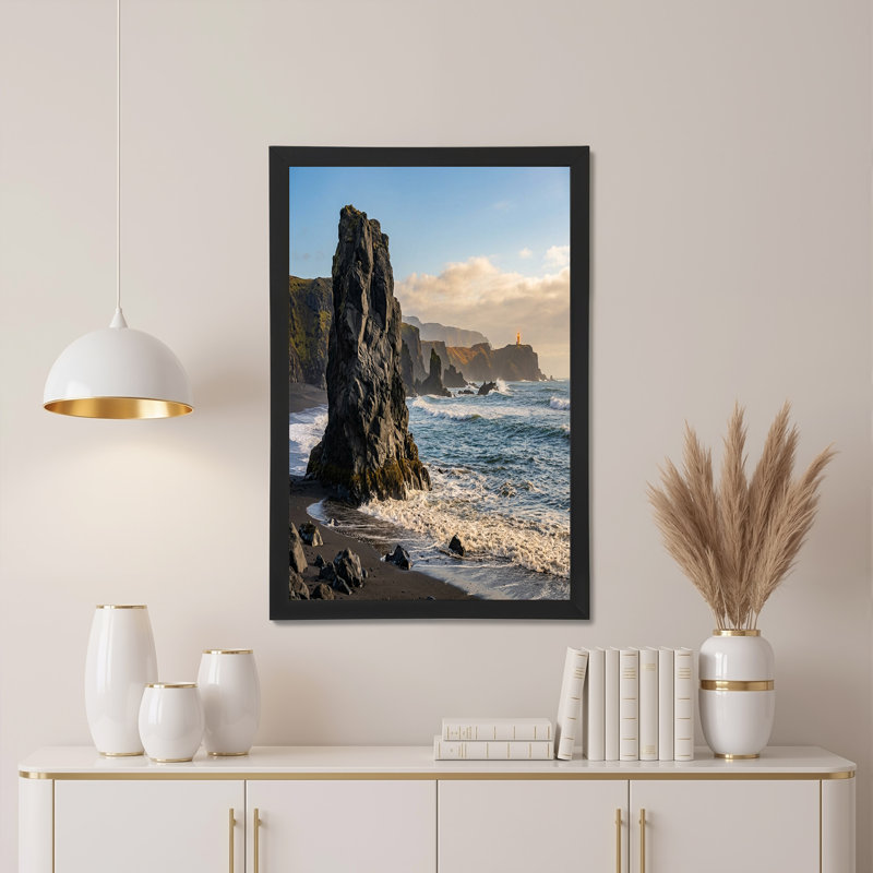 Rock Formation and Lighthouse on Black Sand Beach Canvas Wall Art, 28"H x 40"W