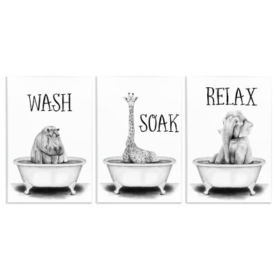 «Wash Soak And Relax Jungle Animal Bath», ensemble de 3 plaques murales par Rachel Nieman