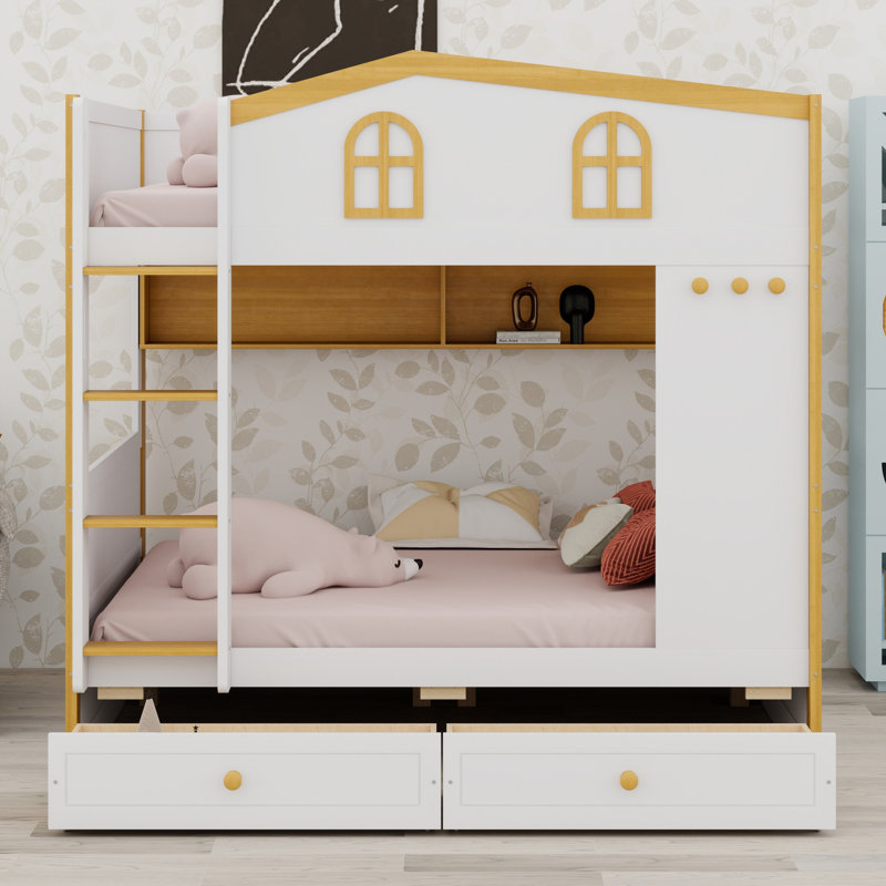 Lit superposé avec garde-corps en forme de maison, tablettes de rangement et tiroirs, Double sur double