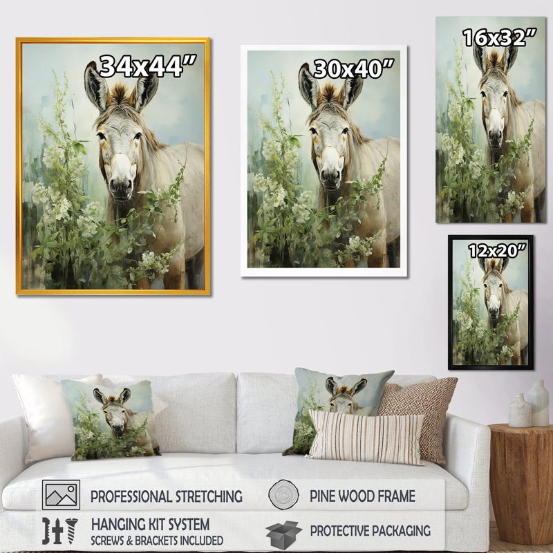 «Farmhouse Donkey In Field V», art mural âne, Cadre simple argenté, H 44 po x l 34 po x P 1,5 po