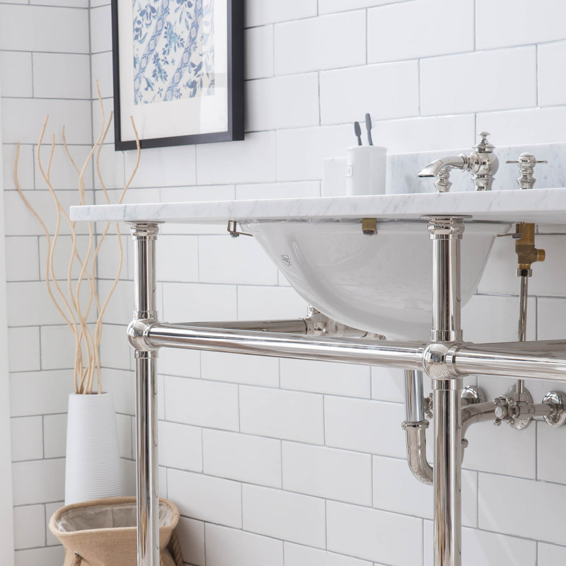 Embassy Stone Oval Console Bathroom Sink with Faucet and Overflow, Polished Nickel