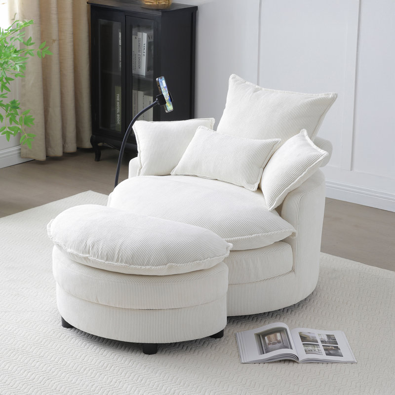 360° Swivel Accent Barrel Chair Modern Comfy Round Reading Sofa Swivel Chairs Circle Lounge Chair, lvory Corduroy