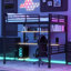 Full Size Metal Loft Bed Frame With Storage Shelf And LED Light,Iron Mesh
