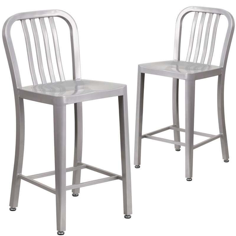 Commercial Grade Metal Indoor-Outdoor Stool with Vertical Slat Back, Silver, Counter Stool (61cm Seat Height)
