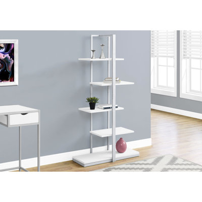 5 Tier Bookshelf In Modern Style, White, Grey Metal For Bedroom Organization Asymmetrical Zig-Zag Bookcase, Tier, White Laminate, Homes