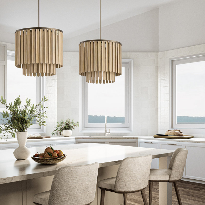 24" W x 21" H 5-Light Pendant in Dark Brass with Handcrafted Mango Wood in Nordic Grey Stain