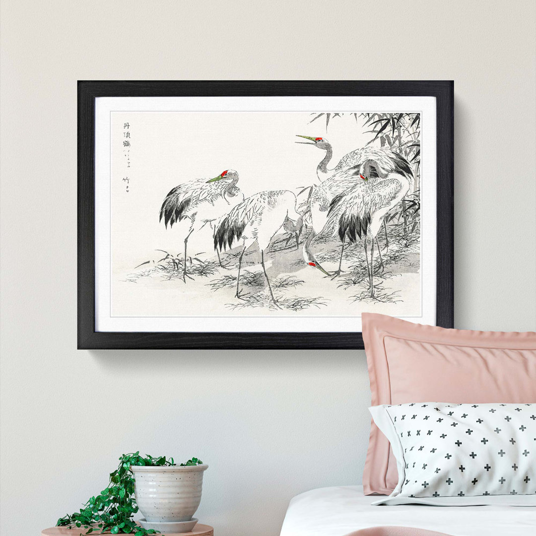Japanese Cranes by the Bamboo by Numata Kashu - Framed Print