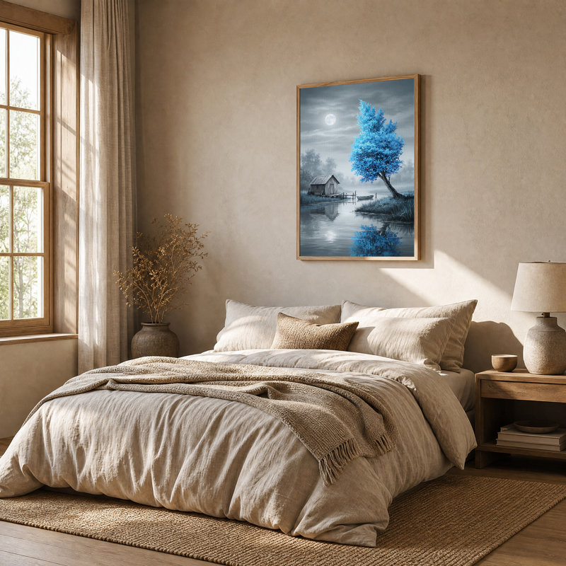 «Blue Tree and Wooden Shack» par Moonlit Lake, art mural sur toile, H 36 po x l 24 po