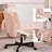 Teddy Fabric Criss Cross Office Chair with Wheels, Wide Seat Cute Cat Desk Chair with Adjustable Flip-Up Armrests, Swivel Vanity Chair, 300 lbs-2061540673