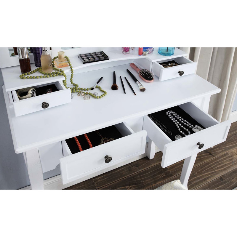 White Wooden Vanity Make Up - Spacious Drawers And Comfortable Chair Kit In , With A Construction Seat Pad, White