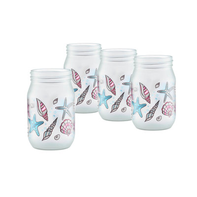 Set Of 4 Seashells Frosted Jar Glass 16-ounce