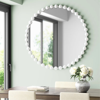 Miroir mural rond de 36 po de diamètre - Cadre sphérique blanc mat avec grandes perles en verre miroir et support