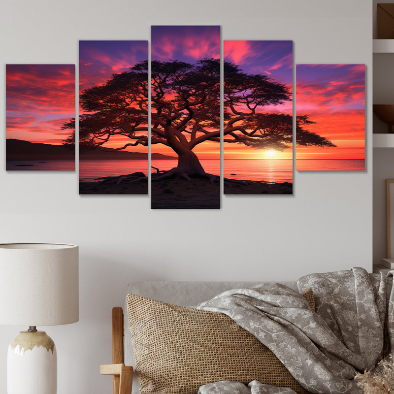 «Pink Tree Enchanted Twilight I», impression d'art mural arbres du paysage - 5 panneaux