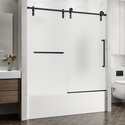 Porte de baignoire coulissante entièrement sans cadre l 56 à 60 po x H 60 po, verre trempé transparent de 5/16 po (8 mm) avec film de sécurité, quincaillerie en acier inoxydable, noir mat