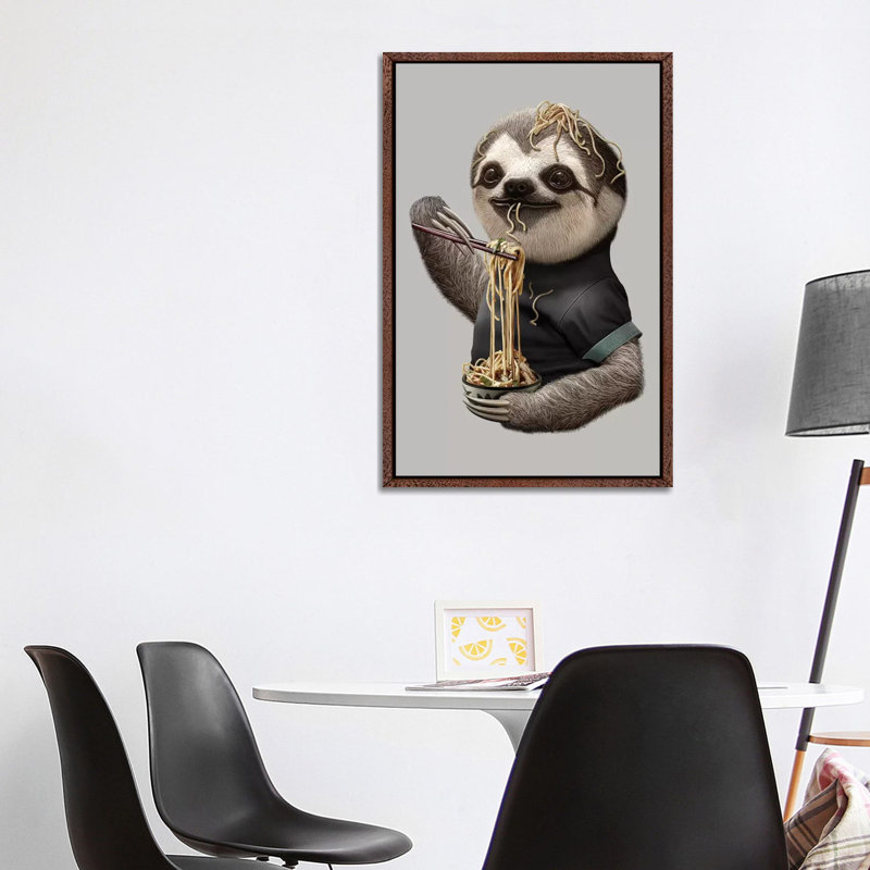 Sloth Eat Noodle by Adam Lawless - Print on Canvas, 101.6 cm H x 66.04 cm W, Classic Brown Wood Framed Canvas