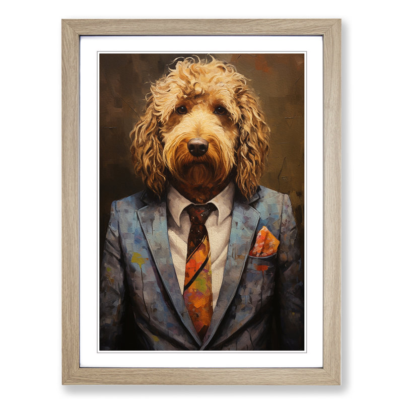 Labradoodle In A Suit Painting No.4 - Single Picture Frame Print on Wood, Oak Framed, 34cm H x 25cm W x 2cm D