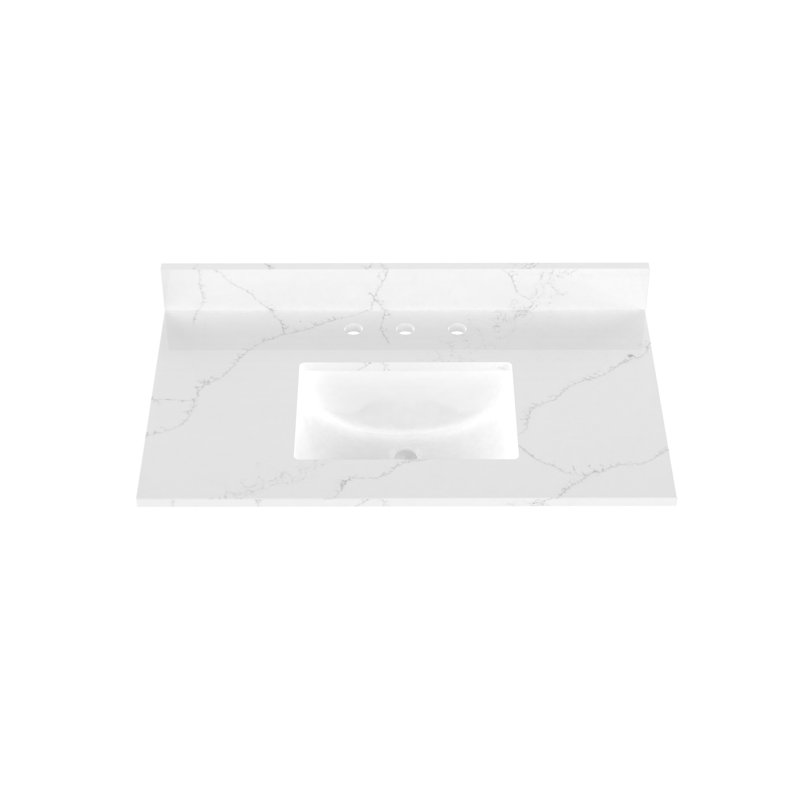 Plateau de meuble-lavabo simple 37 po en quartz avec lavabo, Blanc de Carrare