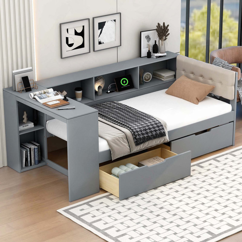 Lit plateforme en bois avec tablettes de rangement, tiroirs, station de charge et tête de lit tapissier, Twin, Grey