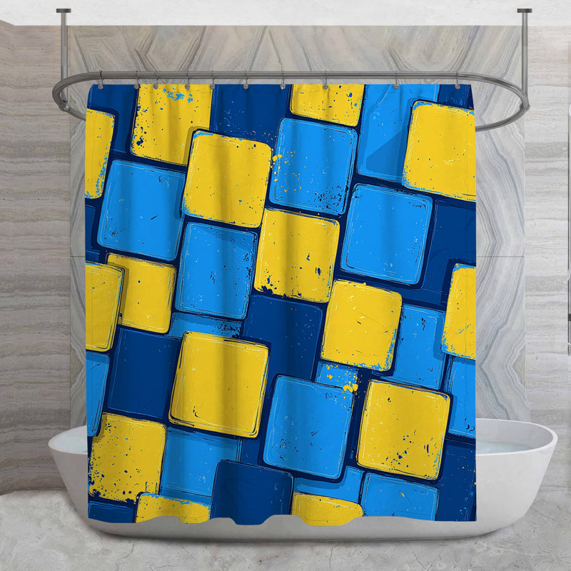 Rideau de douche jaune à carreaux bleus - Décoration de salle de bain abstraite industrielle, H 93 po x l 70 po