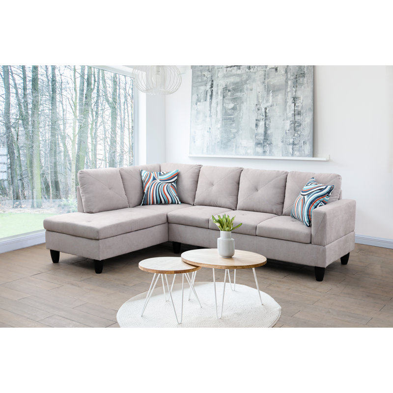 Upholstered L-Shaped Sectional, White Gray Microfiber/Microsuede, Left Hand Facing