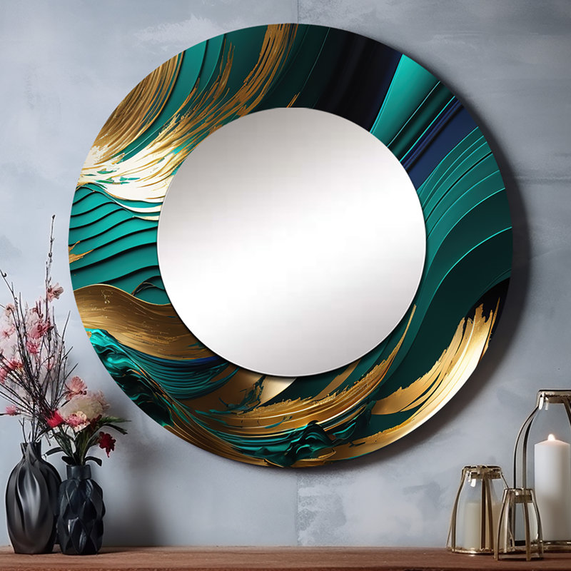 «Sileas» vert et or agate IV - grand miroir mural transitionnel, miroir rond unique moderne, art imprimé en métal
