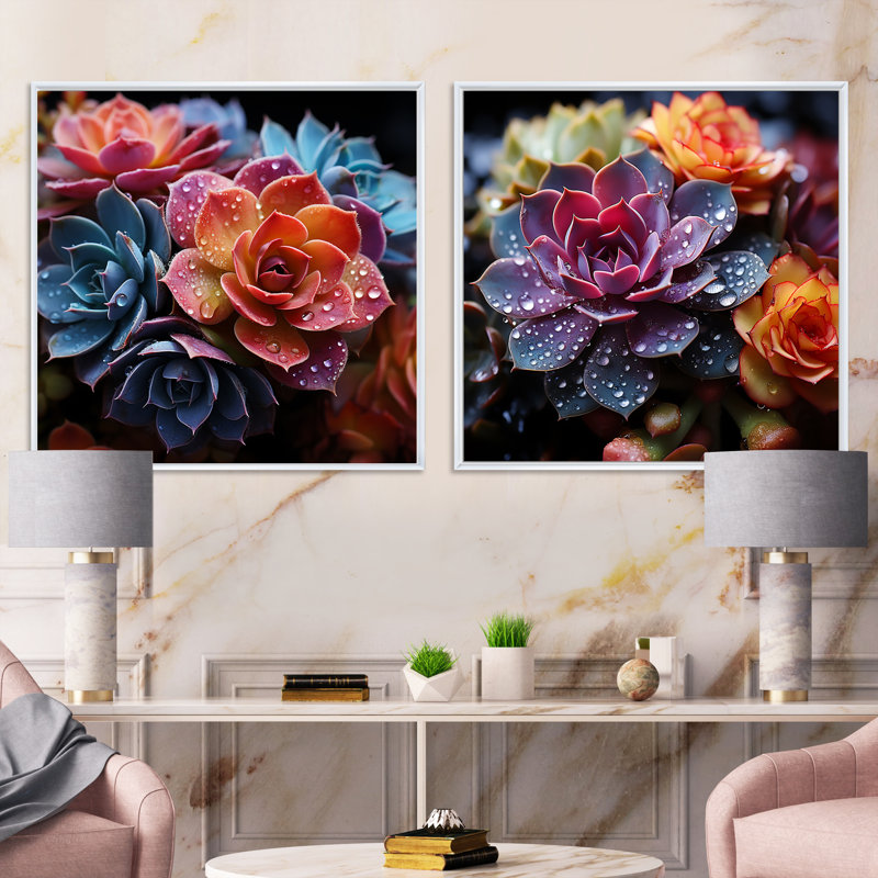 Colorful Succulents Come Alive - Succulent Square Collage, ensemble de 2, Cadre blanc, H 16 po x l 33 po