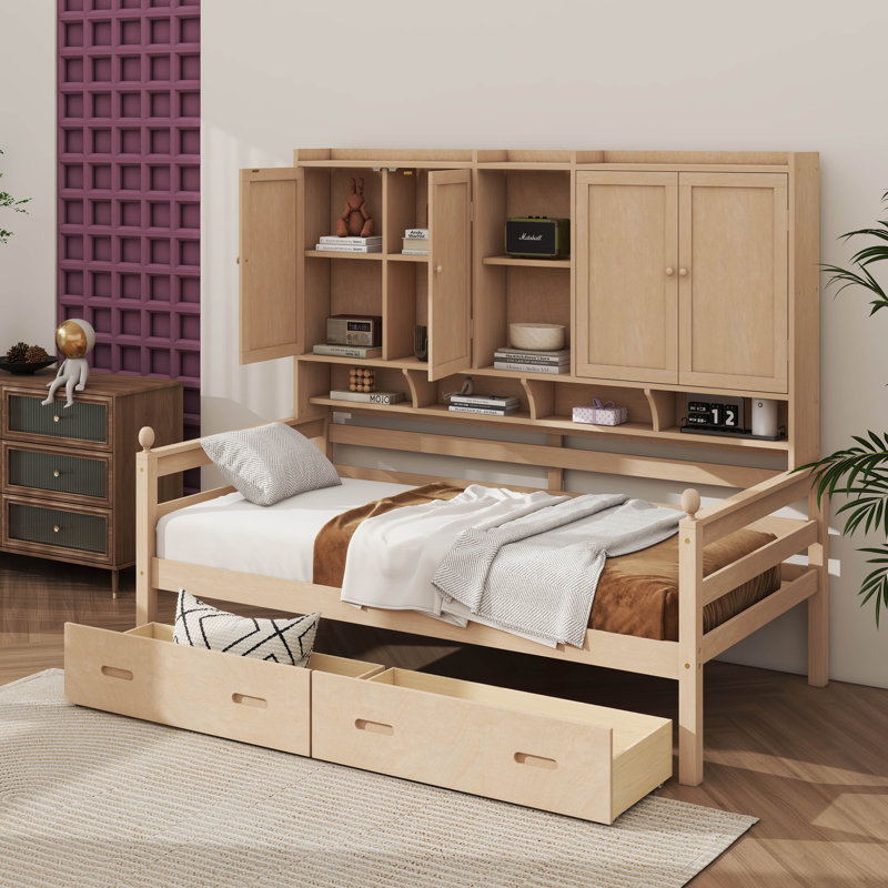 Lit de jour simple en bois avec tête de lit bibliothèque et tiroirs de rangement sous le lit