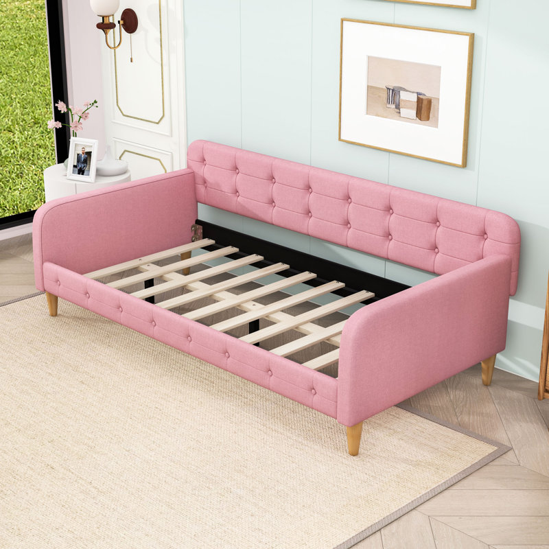Full Upholstered Dayed With Slats And Legs, Twin, Pink