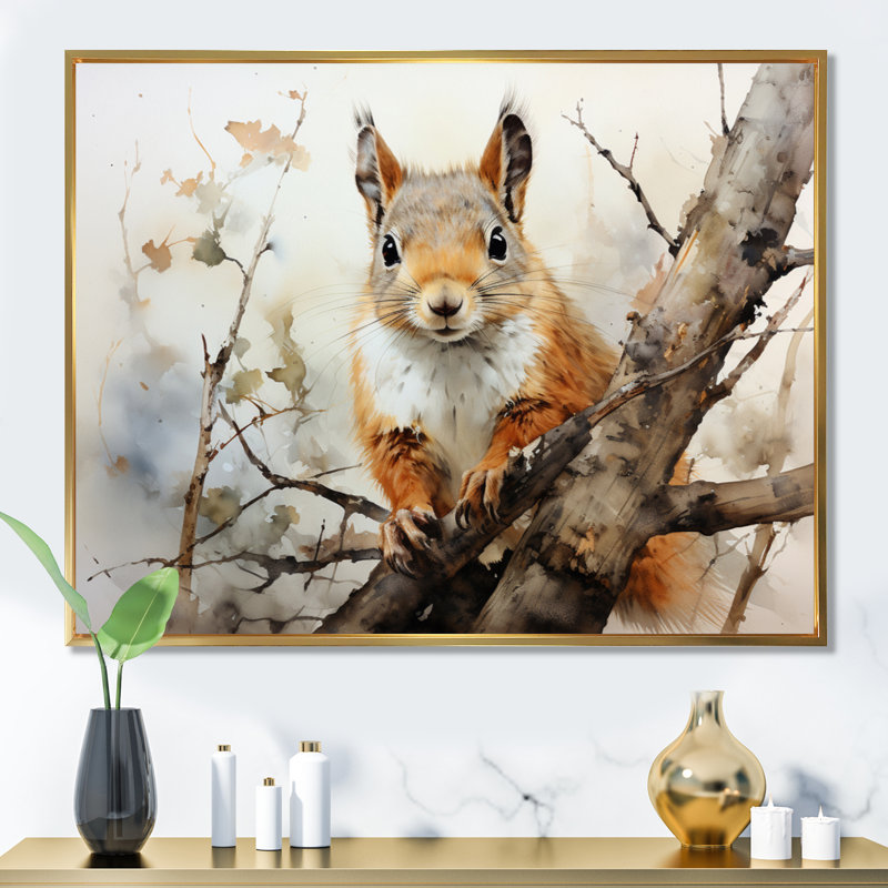 Berle " Brown Squirrel Curious Observer II ", Gold Floater Framed, 16" H x 32" W x 1" D