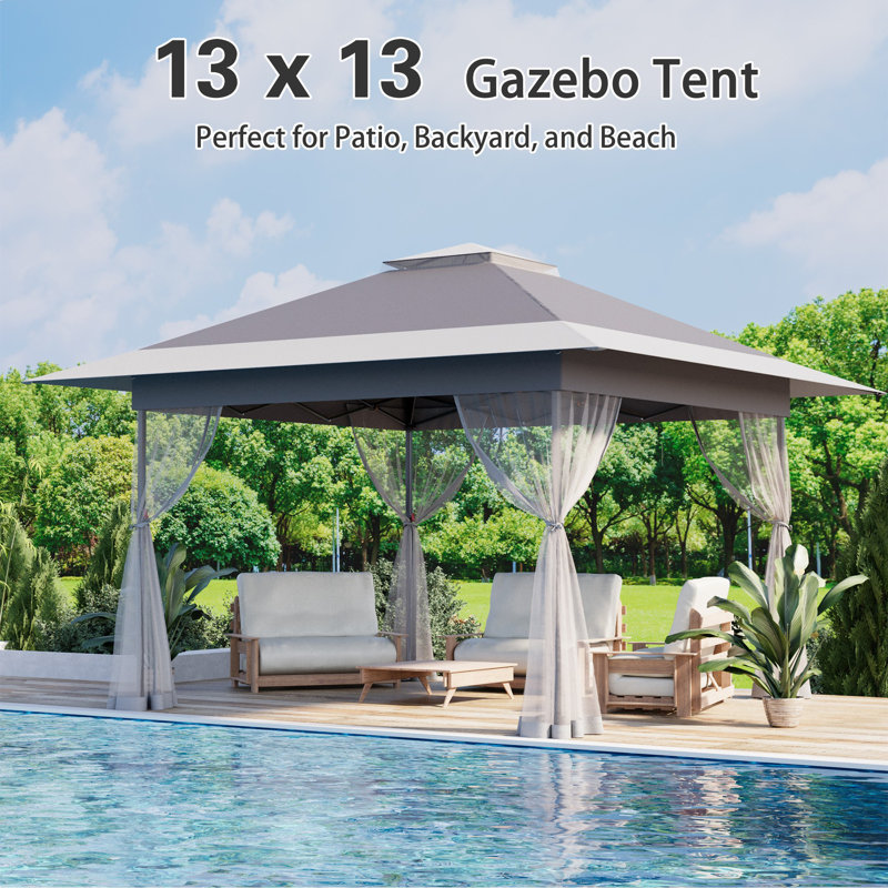 13 Ft. W X 13 Ft. D Metal Pop-up Gazebo With Mosquito Netting, Dark Grey