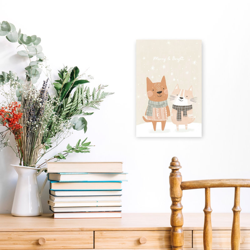 Cozy Winter Animals Abstract Contemporary Cat Dog Winter Landscape Wall Art Print 1 Piece Wrapped Canvas Wall Art