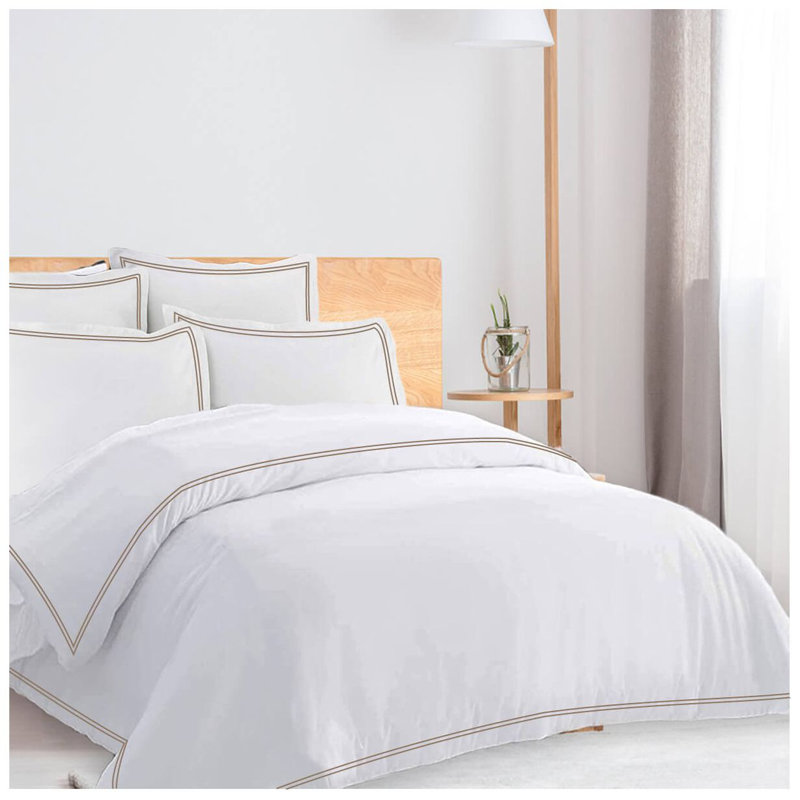 400TC Cotton Double Edge Embroidery Sateen Solid Duvet Cover Set OVERSIZE, Full/Queen Duvet Cover, White/Taupe