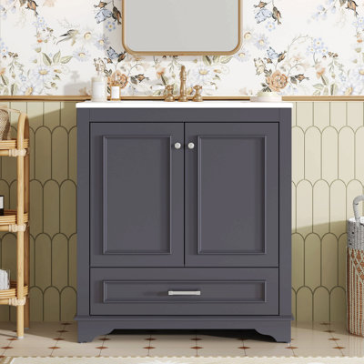 Meuble-lavabo de luxe 30 po avec lavabo en céramique, meuble-lavabo avec 2 grandes portes à fermeture douce, armoire de rangement en bois massif