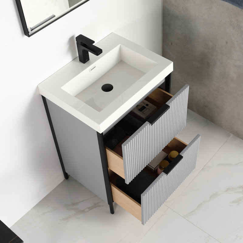 Meuble-lavabo autoportant de 24 po avec lavabo en bois avec lavabo en acrylique européen Chriselda, rangement à fermeture en douceur et assemblage rapide