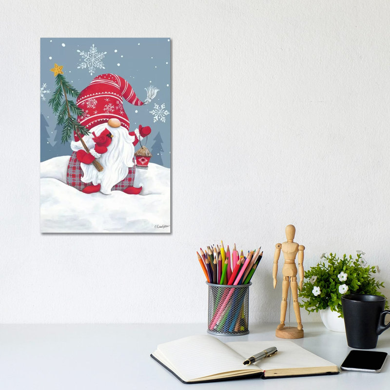 Snowy Gnome With Cardinal by Diane Kater - Print on Canvas, Wrapped Canvas, 20.32 cm H x 30.48 cm W