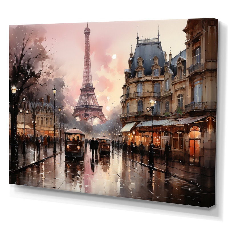 «Pink Twilight Rendezvous In Paris I», art mural de Paris pour le salon, Toile tendue, H 34 po x l 44 po, Wrapped Canvas