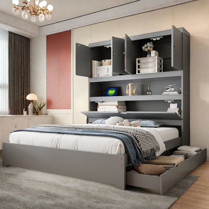 Lit plateforme en bois avec USB, tête de lit rabattable avec rangement et 2 tiroirs, Gris