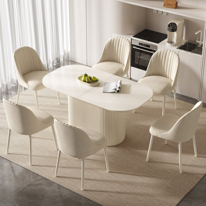 62.99" Modern Oval Cream White Dining Table Set with 6 Chairs for Kitchen, Bar, Living Room, 29.64" H x 62.99" L x 33.46" W