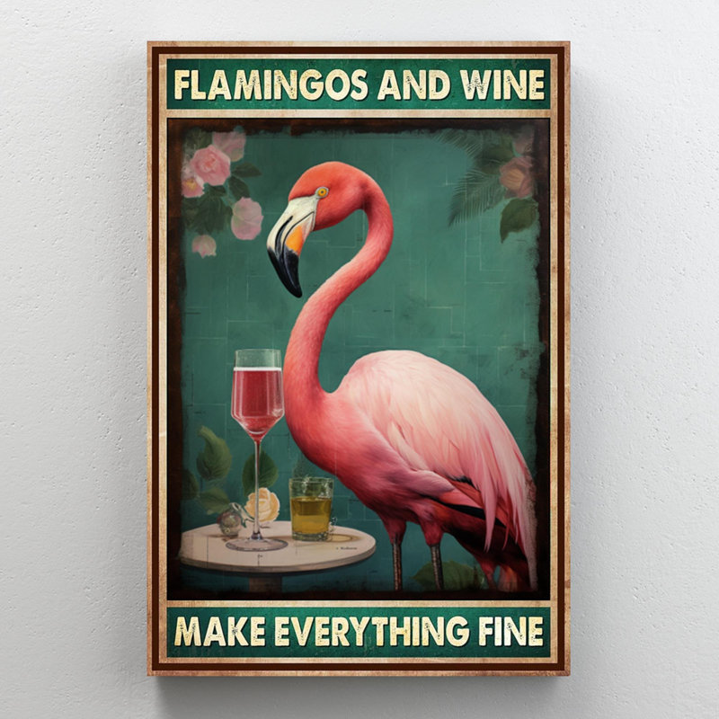 Flamingos And Wine 1 - 1 Piece Rectangle Graphic Art Print On Wrapped Canvas, H 14 po x l 11 po x P 1,25 po