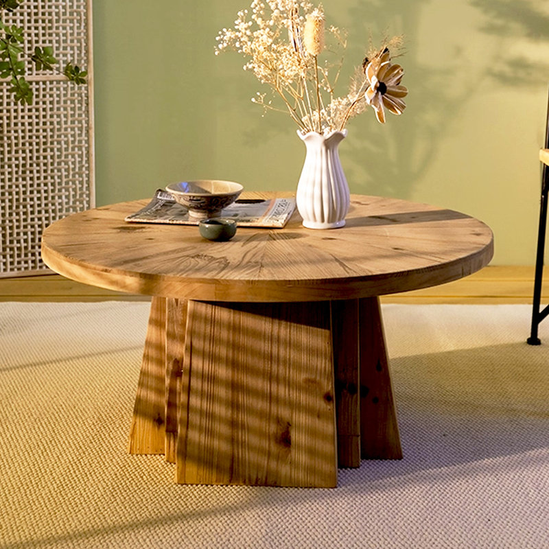 Table basse ronde en bois massif rétro Burlywood
