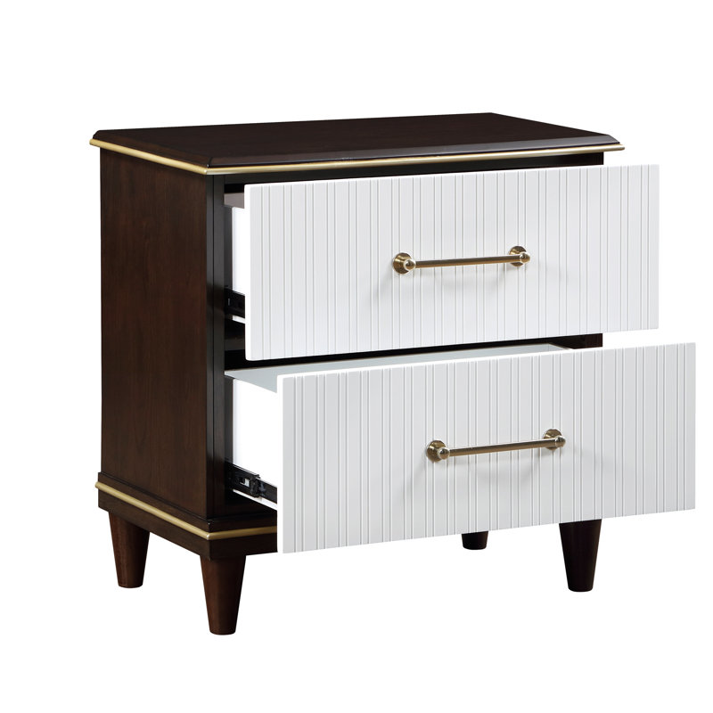 Table de chevet 2 tiroirs 2 tons - Blanc, cerisier, doré contemporain avec garniture de tiroirs