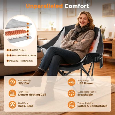 Fauteuil de camping chauffé surdimensionné avec 3 niveaux de chaleur et deux zones de chauffage, siège chauffant extérieur pliant portatif pour le camping, les sports et l'utilisation de la pelouse (batterie non incluse)