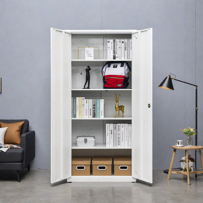 Armoire de rangement haute avec 2 portes et 4 cloisons pour séparer 5 espaces de rangement, conception maison / bureau, Blanc