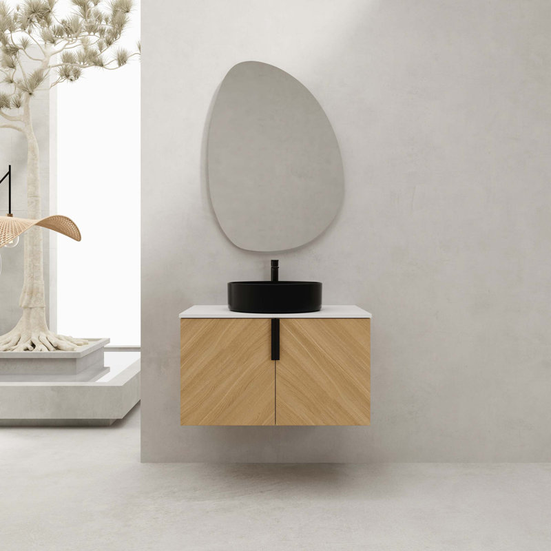 Meuble-lavabo de 30 po avec lavabo d'art supérieur en céramique et dalle de pierre artificielle, 2 portes à fermeture douce, fixation murale