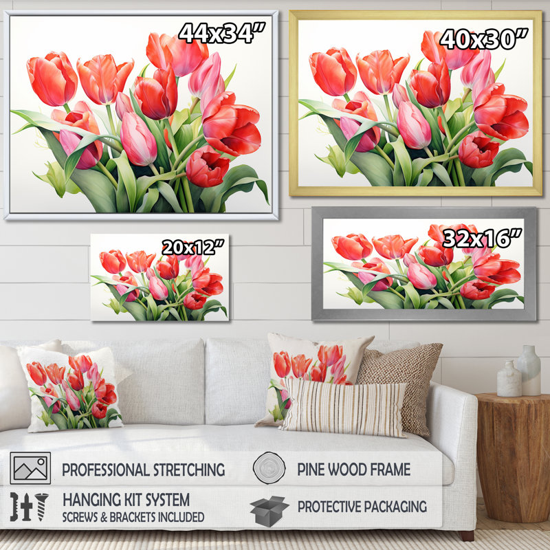 «Tulipes Minimalisme Dream I» sur toile, H 16 po x l 32 po x P 1 po, Cadre doré simple