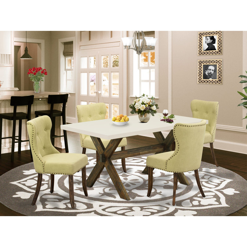 5 Piece Dining Table Set for 4 Includes a Rectangle Kitchen Table with X-Legs and 4 Limelight Linen Fabric Parson Dining Chairs, Distressed Jacobean finish