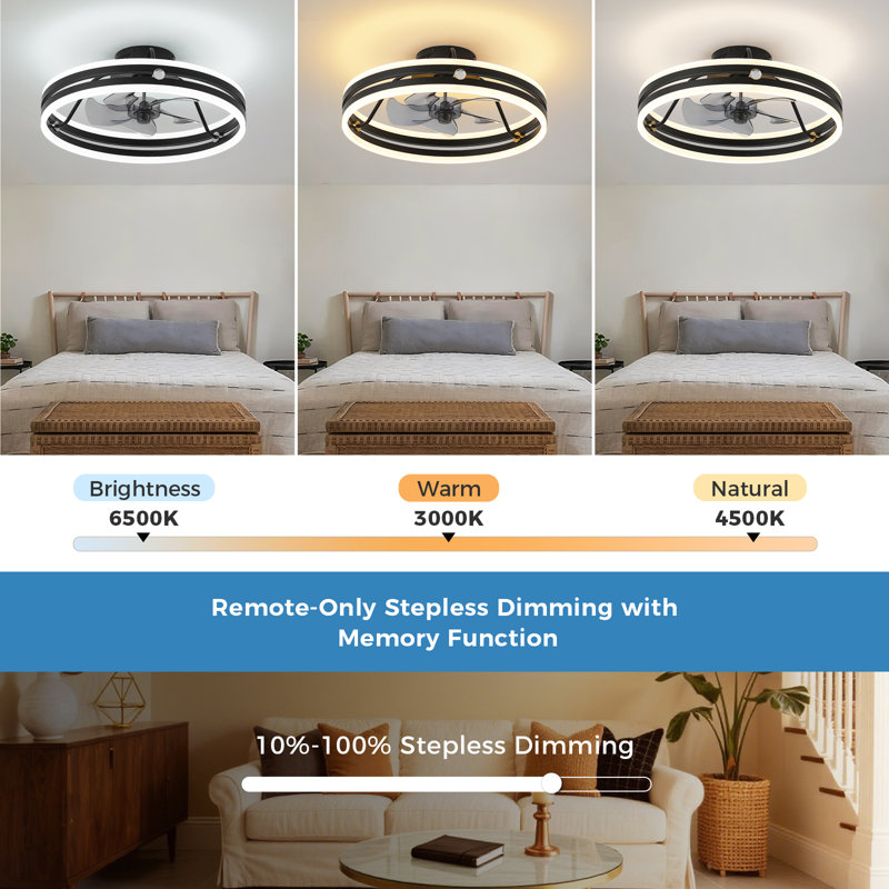 19.7 inch Low Profile Matte Black Dimmable LED Ceiling Fan Light with Remote Control for Dinning Room and Bedroom, Black