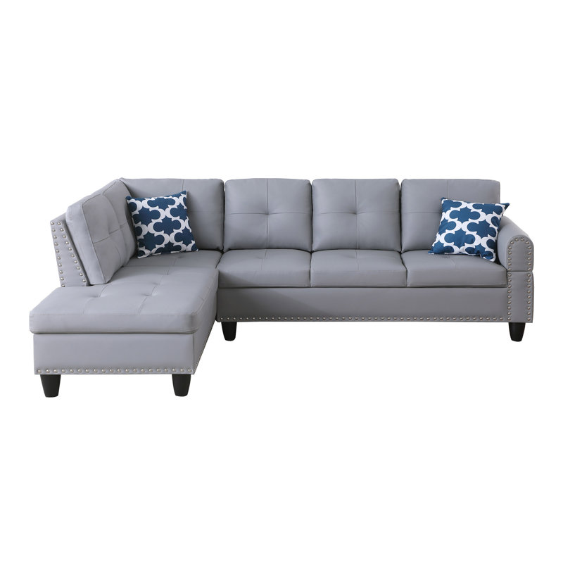 3 - Piece Gray Faux Leather L Shaped Sectional For Movie And Game Entertainment, Pull Down Middle Seat With Cup Holders, Comes Two Toss Pillows Matching Storage, Solid Frame Foam Filled Cushions 8