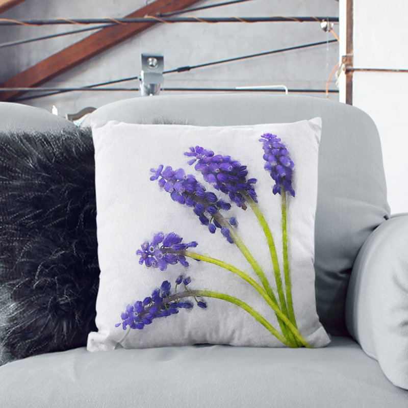 Grape Hyacinth Flower Painting Cushion with Filling, 55cm H x 55cm W x 20cm D, Black